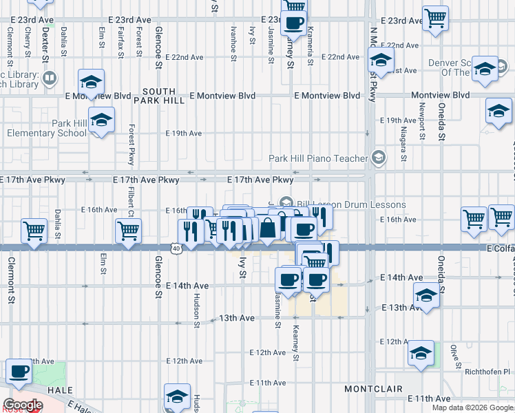 map of restaurants, bars, coffee shops, grocery stores, and more near 1600 Ivy Street in Denver