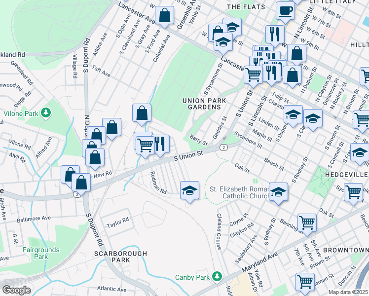 map of restaurants, bars, coffee shops, grocery stores, and more near 669 South Union Street in Wilmington