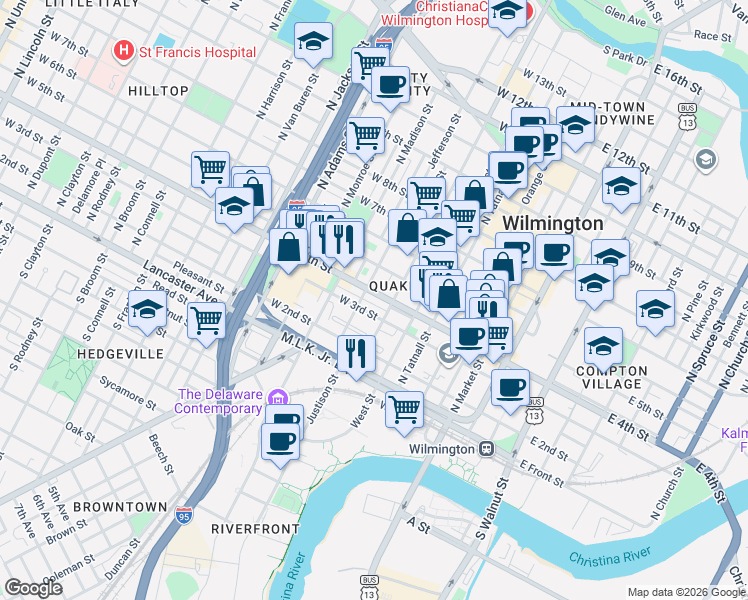 map of restaurants, bars, coffee shops, grocery stores, and more near 602 Delaware 9 in Wilmington