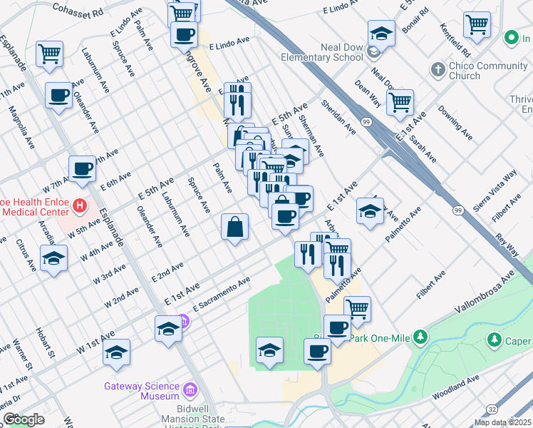 map of restaurants, bars, coffee shops, grocery stores, and more near 1215 Mangrove Avenue in Chico