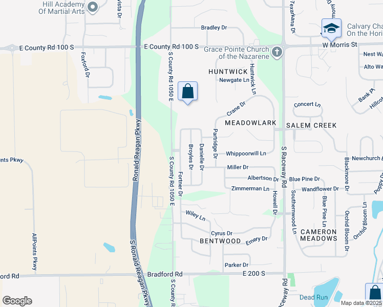 map of restaurants, bars, coffee shops, grocery stores, and more near 1465 Broyles Drive in Indianapolis