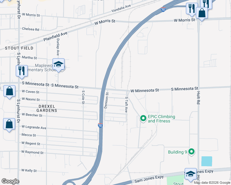 map of restaurants, bars, coffee shops, grocery stores, and more near 4500 West Minnesota Street in Indianapolis