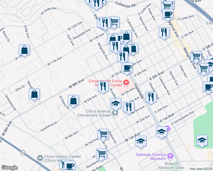 map of restaurants, bars, coffee shops, grocery stores, and more near 1617 Arcadian Avenue in Chico
