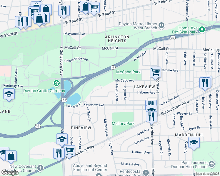 map of restaurants, bars, coffee shops, grocery stores, and more near 3325 Haberer Avenue in Dayton