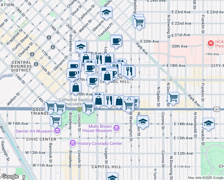map of restaurants, bars, coffee shops, grocery stores, and more near 1615 Pennsylvania Street in Denver