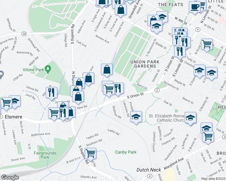 map of restaurants, bars, coffee shops, grocery stores, and more near 1007 South Grant Avenue in Wilmington