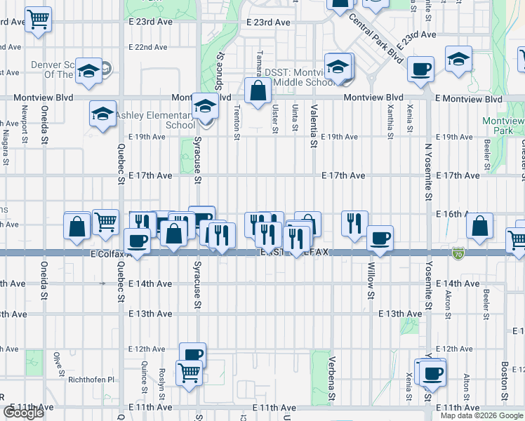 map of restaurants, bars, coffee shops, grocery stores, and more near 1626 Tamarac Street in Denver