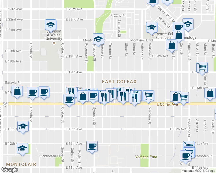 map of restaurants, bars, coffee shops, grocery stores, and more near 1601 Trenton Street in Denver