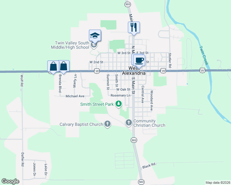 map of restaurants, bars, coffee shops, grocery stores, and more near 23 West Oak Street in West Alexandria