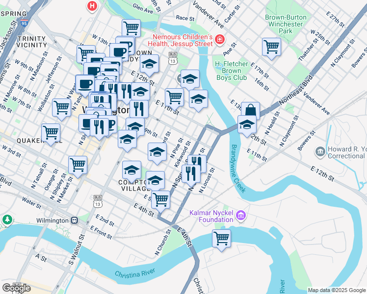 map of restaurants, bars, coffee shops, grocery stores, and more near in Wilmington