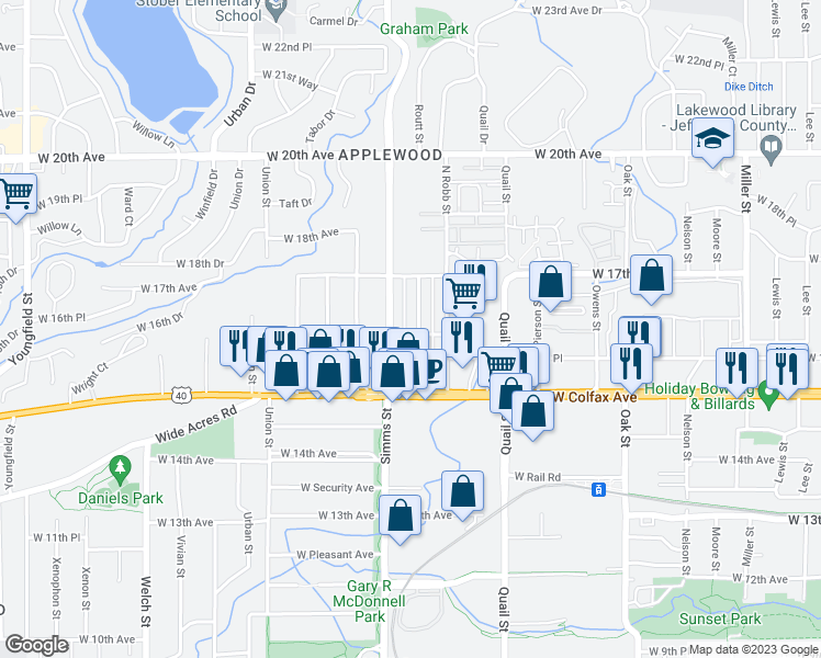 map of restaurants, bars, coffee shops, grocery stores, and more near 11545 West 16th Avenue in Lakewood