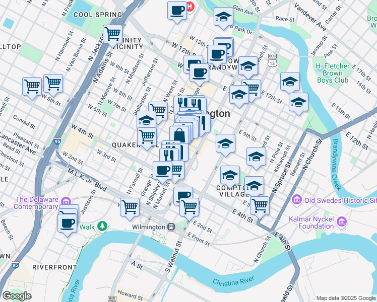 map of restaurants, bars, coffee shops, grocery stores, and more near 608 North Market Street in Wilmington