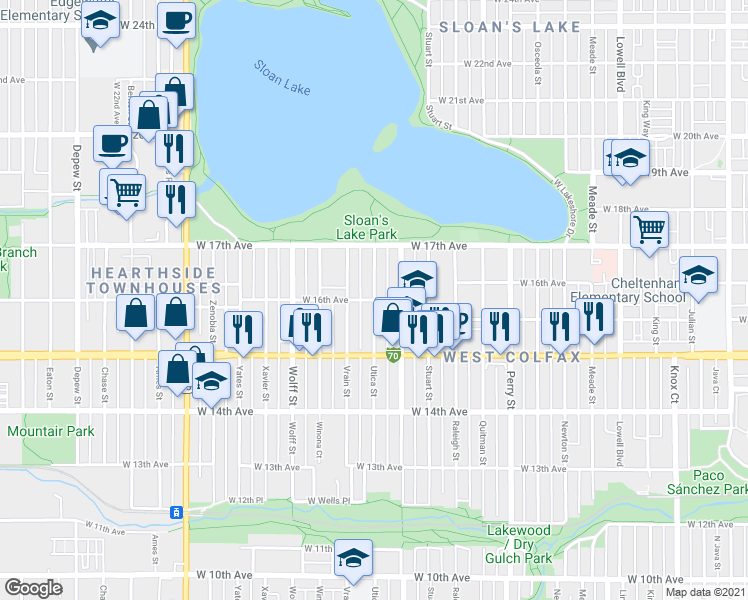 map of restaurants, bars, coffee shops, grocery stores, and more near Utica St & W 16th Ave in Denver