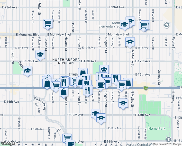 map of restaurants, bars, coffee shops, grocery stores, and more near 1624 Jamaica Street in Aurora