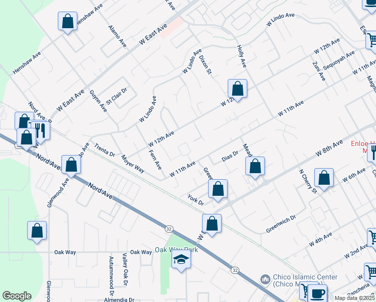 map of restaurants, bars, coffee shops, grocery stores, and more near 78 Herlax Circle in Chico