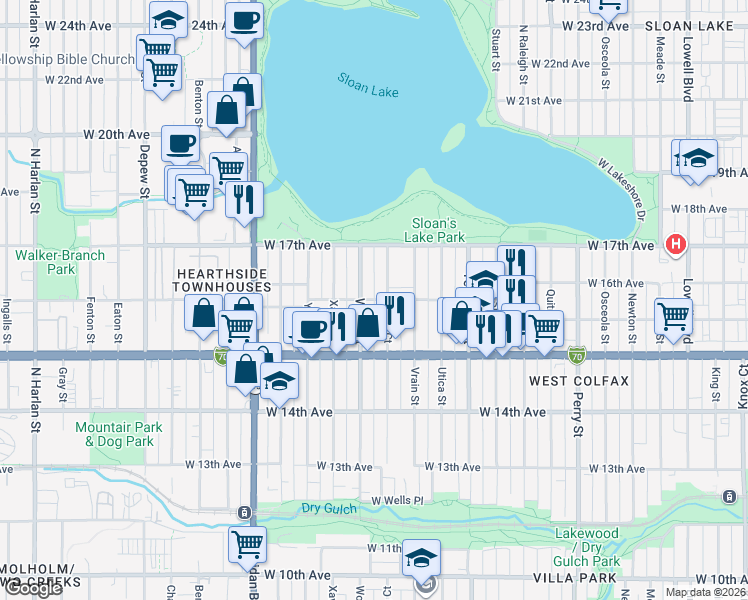 map of restaurants, bars, coffee shops, grocery stores, and more near 1605 Winona Court in Denver