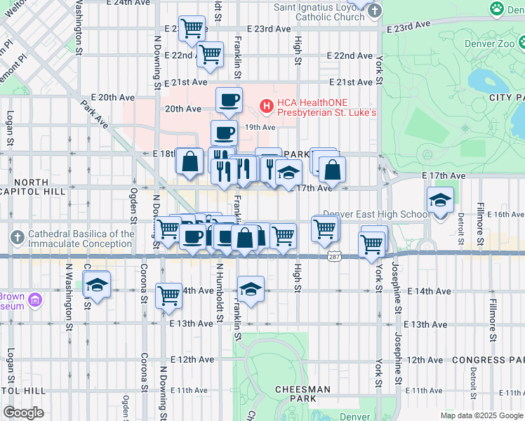 map of restaurants, bars, coffee shops, grocery stores, and more near 1626 Gilpin Street in Denver
