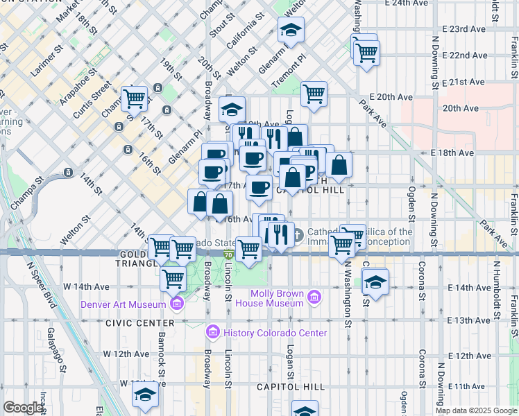 map of restaurants, bars, coffee shops, grocery stores, and more near 225 East 16th Avenue in Denver