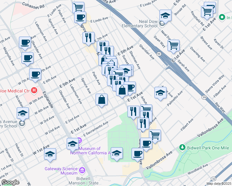 map of restaurants, bars, coffee shops, grocery stores, and more near 1215 Mangrove Avenue in Chico