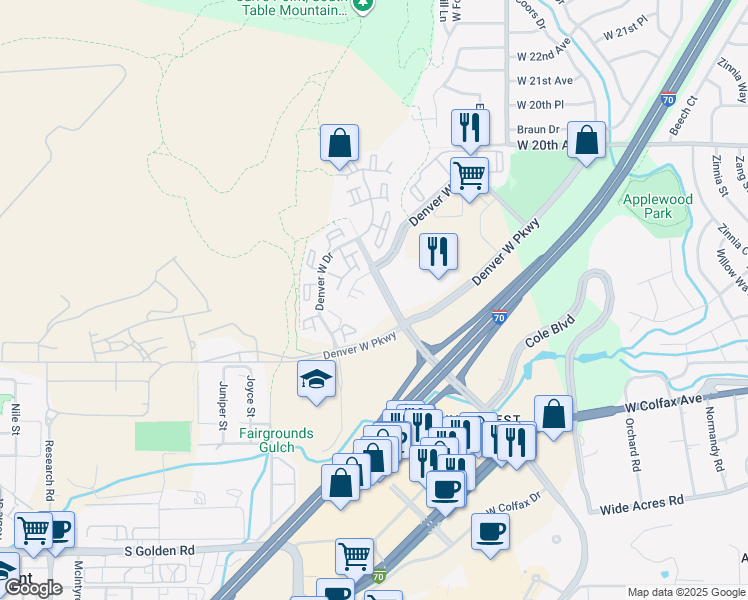 map of restaurants, bars, coffee shops, grocery stores, and more near 1767 Denver West Marriott Boulevard in Golden