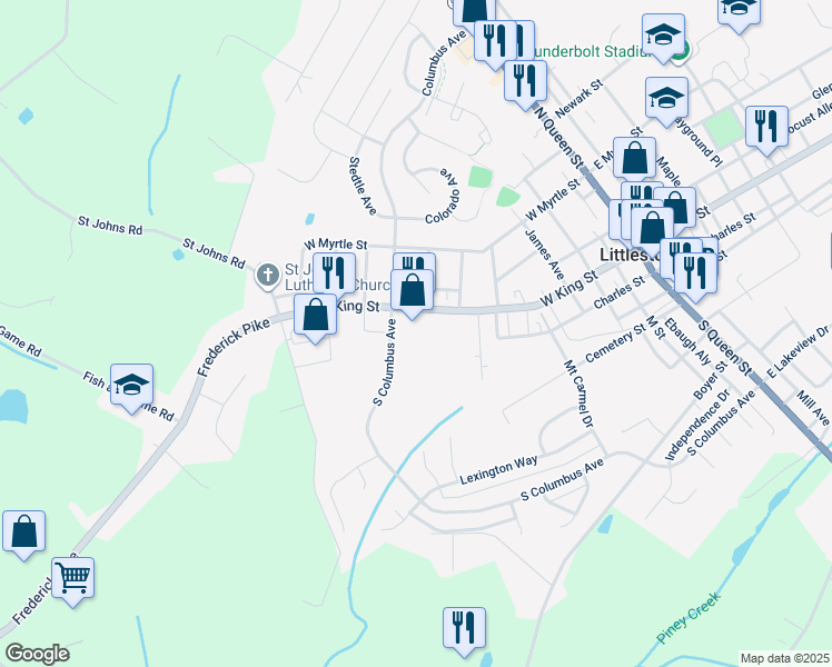 map of restaurants, bars, coffee shops, grocery stores, and more near 410 West King Street in Littlestown