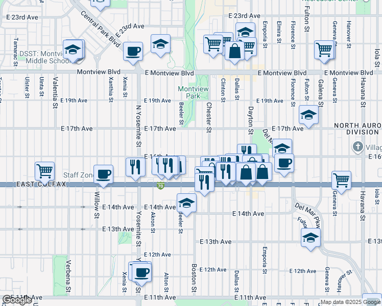 map of restaurants, bars, coffee shops, grocery stores, and more near 1639 Boston Street in Aurora