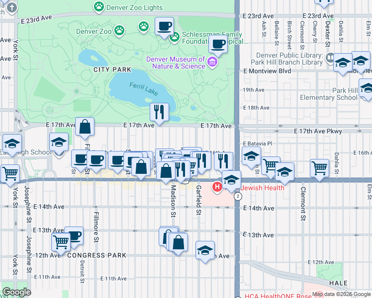 map of restaurants, bars, coffee shops, grocery stores, and more near 1635 Garfield Street in Denver