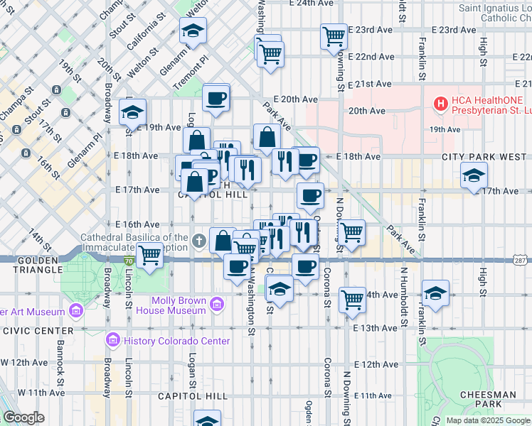 map of restaurants, bars, coffee shops, grocery stores, and more near 810 East 17th Avenue in Denver