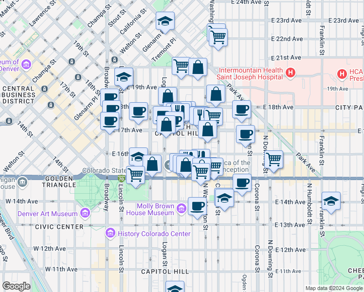 map of restaurants, bars, coffee shops, grocery stores, and more near 1644 Pennsylvania Street in Denver