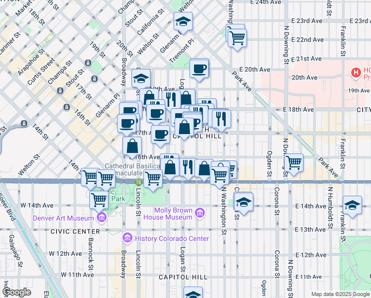 map of restaurants, bars, coffee shops, grocery stores, and more near 1626 Logan Street in Denver