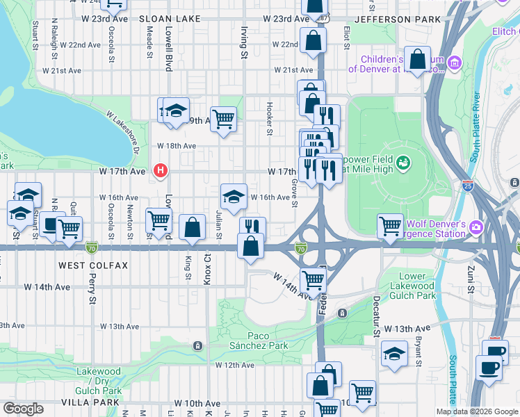map of restaurants, bars, coffee shops, grocery stores, and more near 1597 Hooker Street in Denver