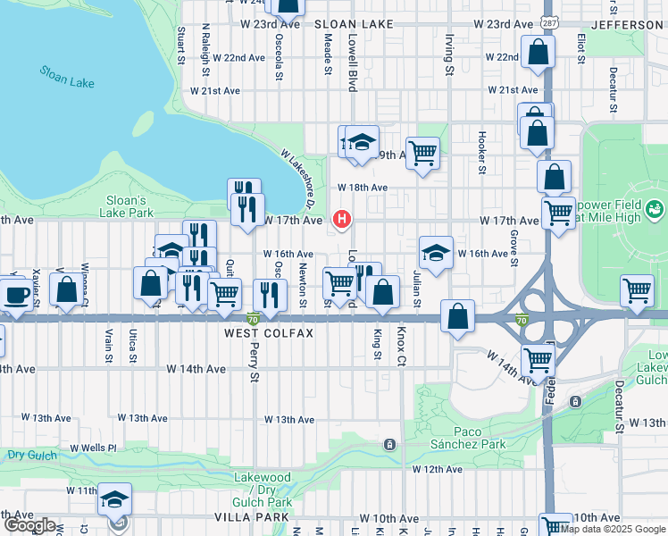 map of restaurants, bars, coffee shops, grocery stores, and more near 1591 Meade Street in Denver