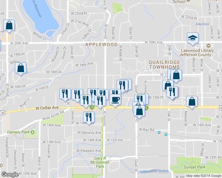 map of restaurants, bars, coffee shops, grocery stores, and more near 1651 Routt Street in Lakewood