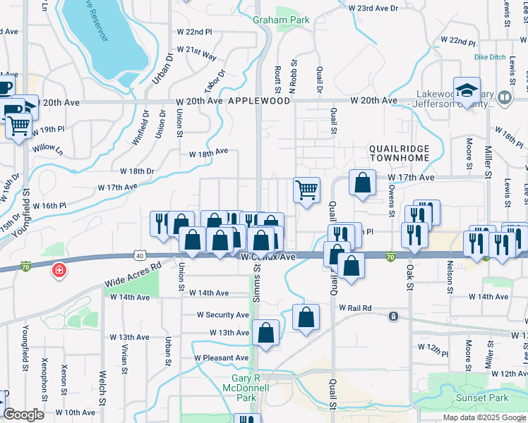 map of restaurants, bars, coffee shops, grocery stores, and more near 1651 Routt Street in Lakewood