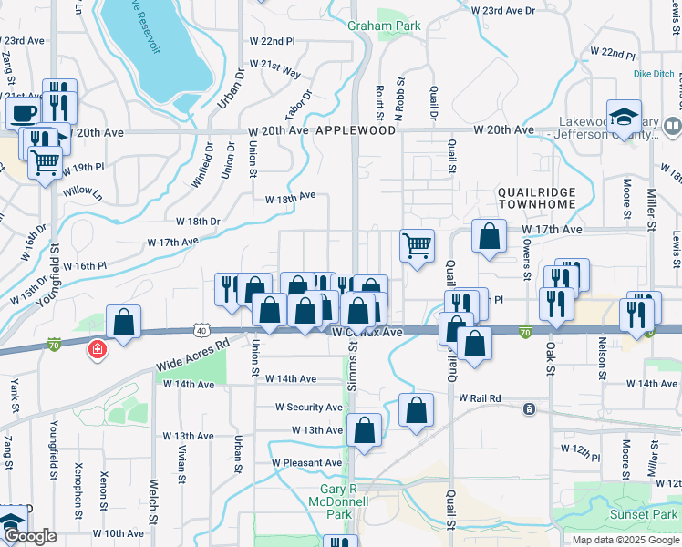map of restaurants, bars, coffee shops, grocery stores, and more near 1625 Simms Street in Lakewood