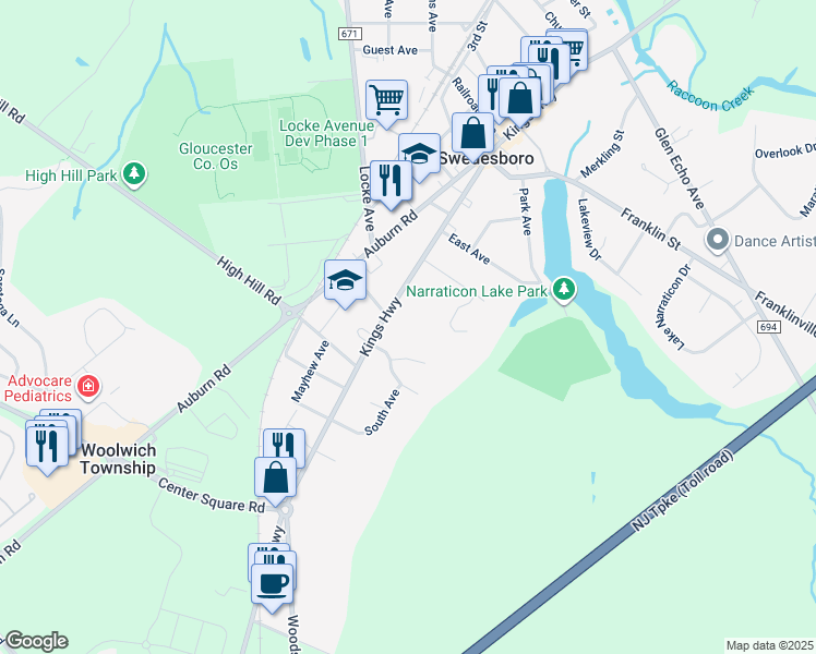 map of restaurants, bars, coffee shops, grocery stores, and more near 1744 Kings Highway in Swedesboro