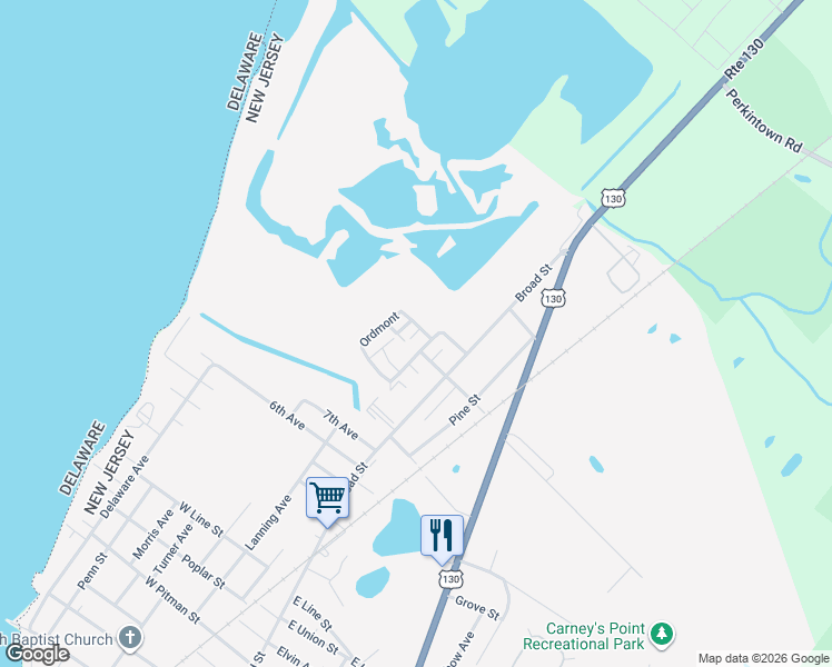 map of restaurants, bars, coffee shops, grocery stores, and more near 12 Ordmont in Carneys Point Township