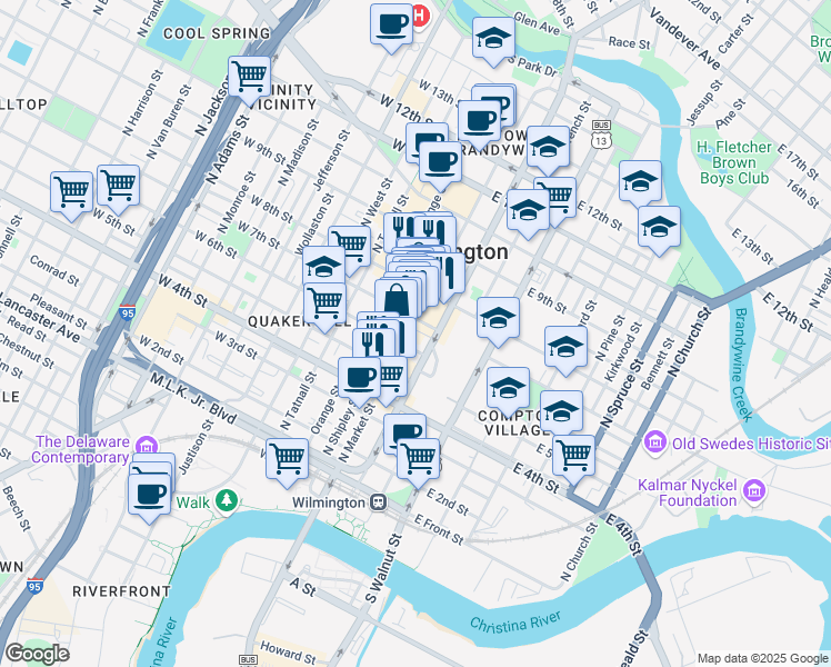 map of restaurants, bars, coffee shops, grocery stores, and more near 615 North Market Street in Wilmington