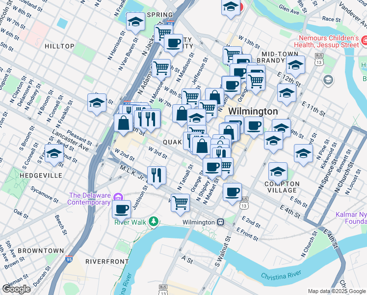 map of restaurants, bars, coffee shops, grocery stores, and more near in Wilmington