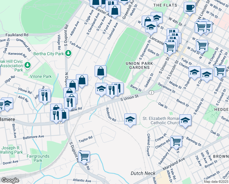 map of restaurants, bars, coffee shops, grocery stores, and more near 2108 Seneca Road in Wilmington