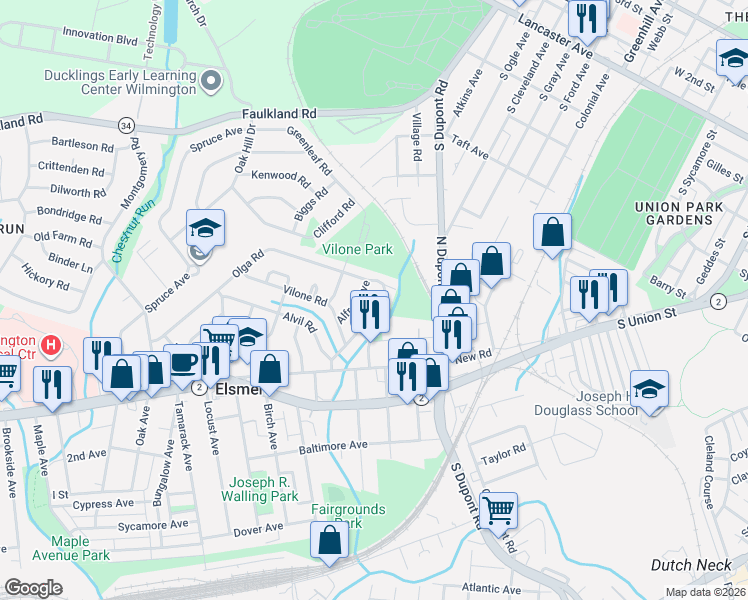 map of restaurants, bars, coffee shops, grocery stores, and more near 20 Alfred Avenue in Wilmington