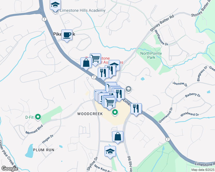 map of restaurants, bars, coffee shops, grocery stores, and more near in Pike Creek