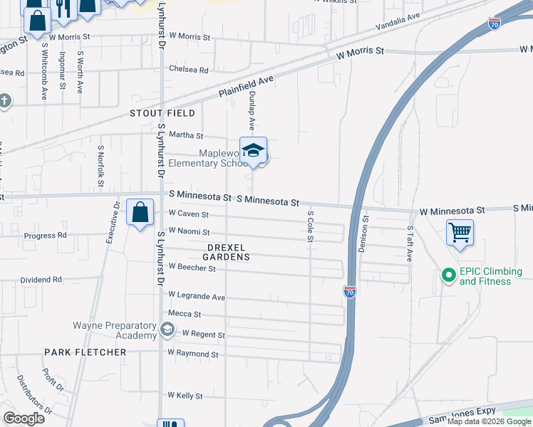 map of restaurants, bars, coffee shops, grocery stores, and more near 4941 West Minnesota Street in Indianapolis