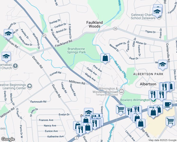 map of restaurants, bars, coffee shops, grocery stores, and more near 2504 Cedar Avenue in Wilmington
