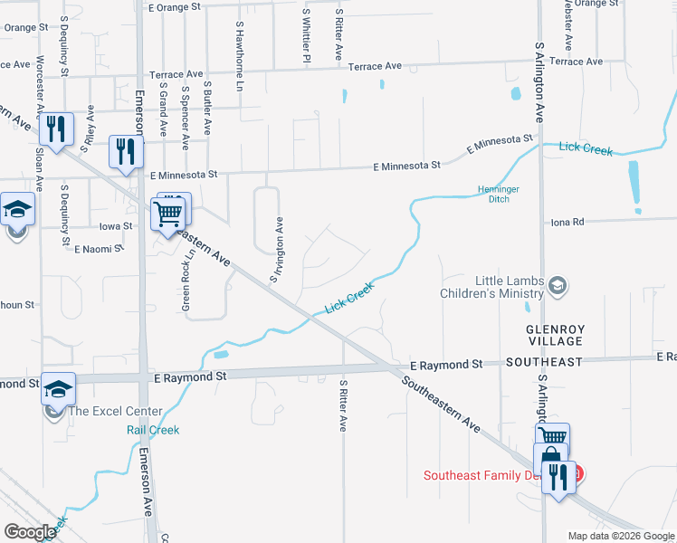map of restaurants, bars, coffee shops, grocery stores, and more near 1928 Mare Avenue in Indianapolis