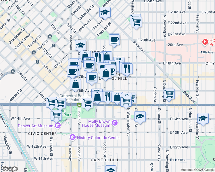 map of restaurants, bars, coffee shops, grocery stores, and more near 1626 Logan Street in Denver