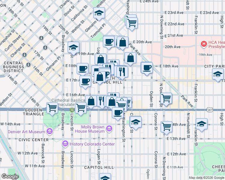 map of restaurants, bars, coffee shops, grocery stores, and more near 1633 Pearl Street in Denver