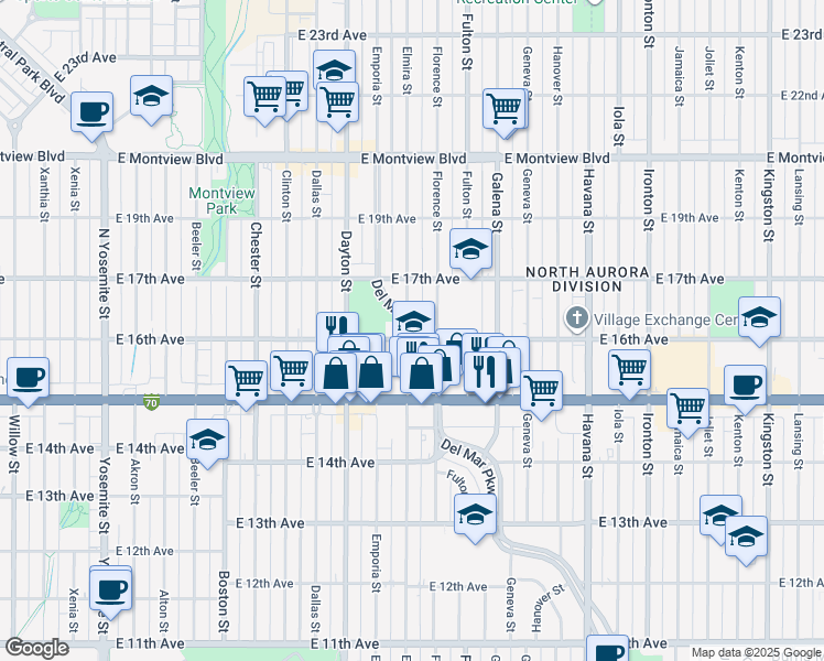 map of restaurants, bars, coffee shops, grocery stores, and more near 9859 East 16th Avenue in Aurora