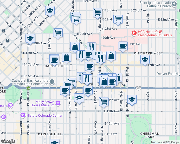 map of restaurants, bars, coffee shops, grocery stores, and more near 1642 North Ogden Street in Denver