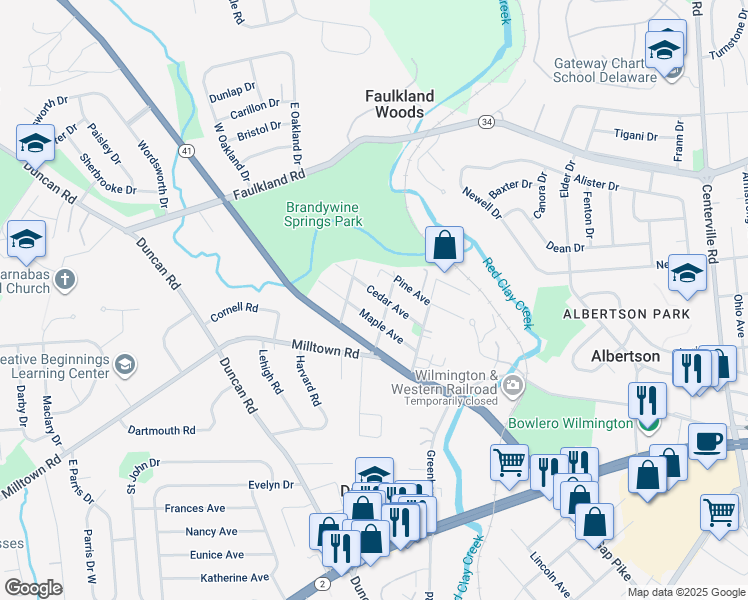 map of restaurants, bars, coffee shops, grocery stores, and more near 2504 Cedar Avenue in Wilmington